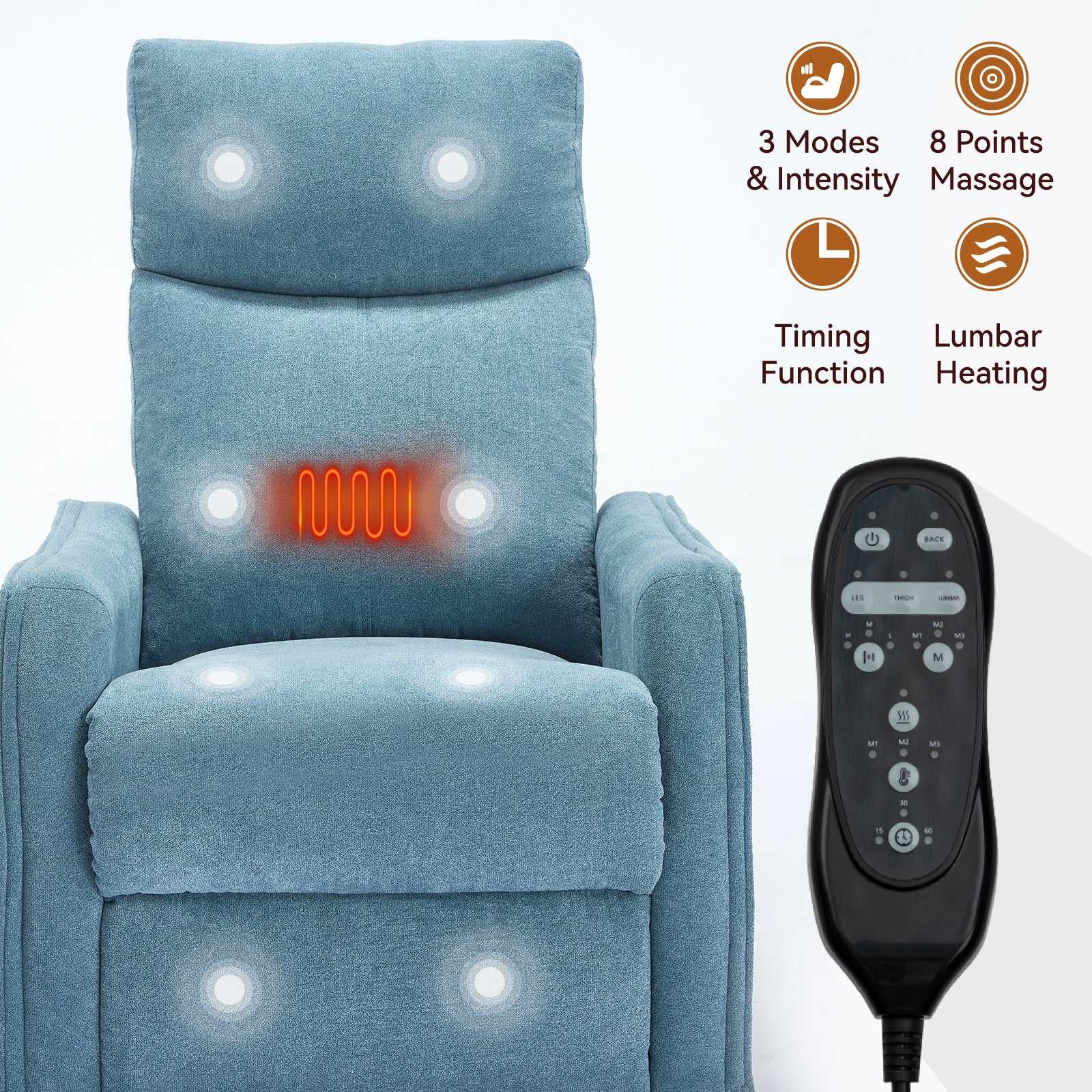 Heat Massage Manual Recliner Chair with Rocker and Swivel in Fabric for Living Room, Blue - Grand Goldman Shop