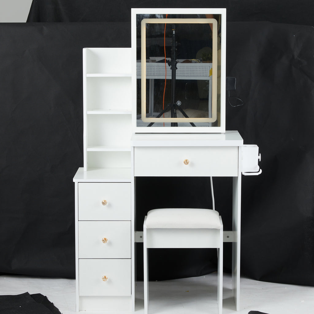 29.2' Small Size Left Bedside Cabinet Vanity Table + Cushioned Stool, 2 AC+2 USB Power Station, Hair dryer bracket, Extra Large Touch Control Sliding LED Mirror, Tri-color Switching, Brightness Adjust - Grand Goldman Shop