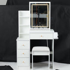 29.2' Small Size Left Bedside Cabinet Vanity Table + Cushioned Stool, 2 AC+2 USB Power Station, Hair dryer bracket, Extra Large Touch Control Sliding LED Mirror, Tri-color Switching, Brightness Adjust - Grand Goldman Shop