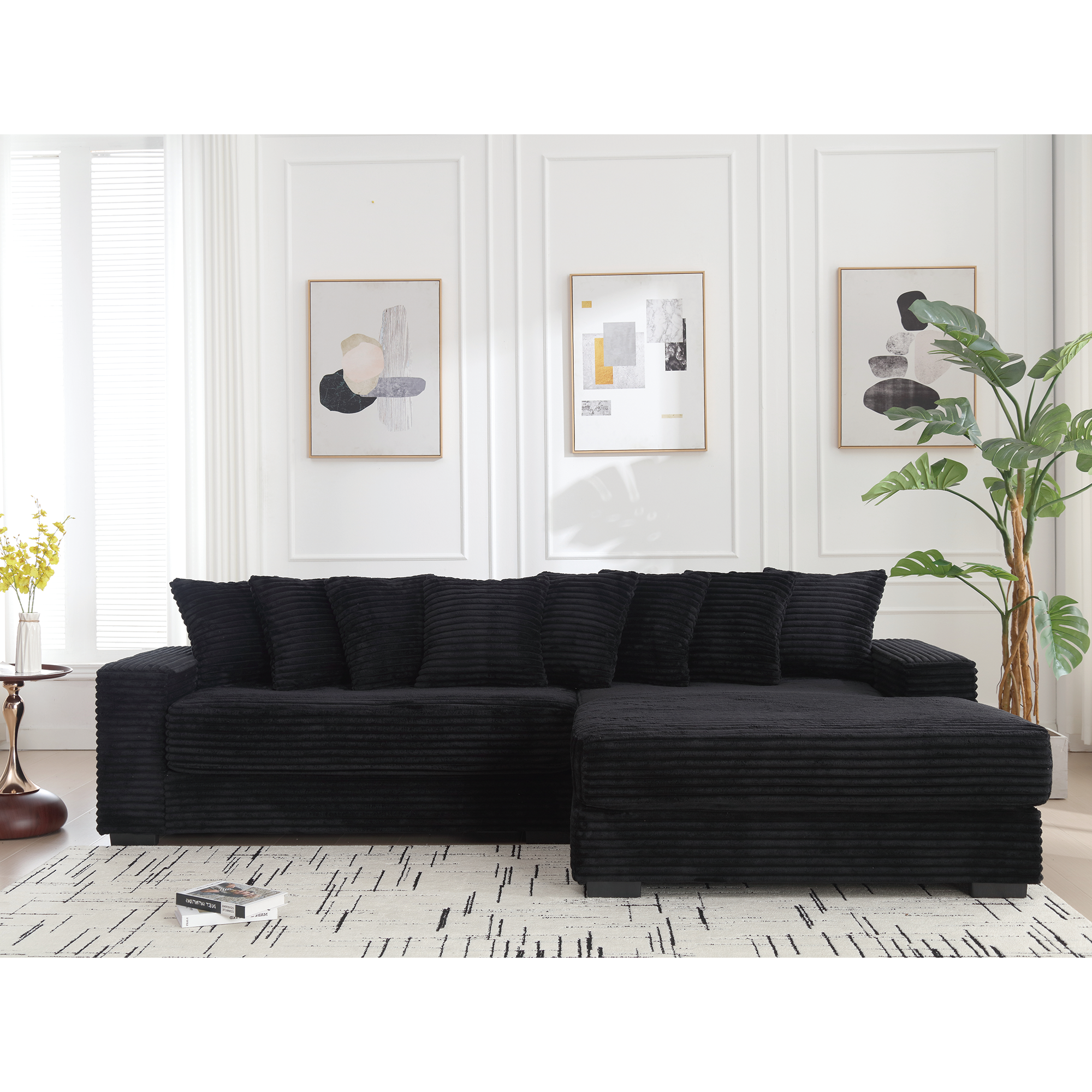 [NEW ARRIVED] [VIDEO PROVIDED] Oversized Two-Piece  Couches,  L Shaped Sofa, Corduroy, Right Chaise Daybed,with Armrests,Eight Throw Pillows,Corner Sofa,Easy To Assemble,  Black - Grand Goldman Shop