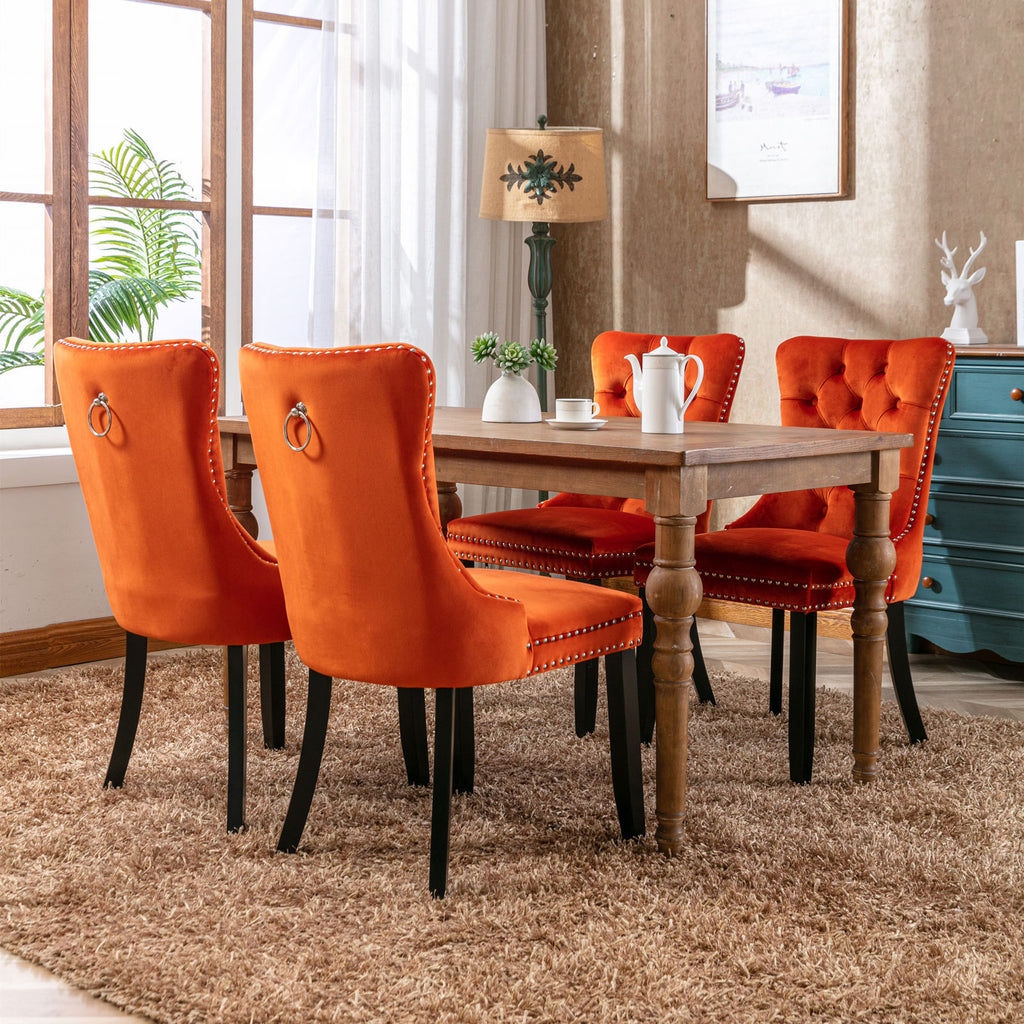 Nikki Collection Modern, High-end Tufted Solid Wood Contemporary Velvet Upholstered Dining Chair with Wood Legs Nailhead Trim 2-Pcs Set, Orange, SW2001OG - Grand Goldman Shop