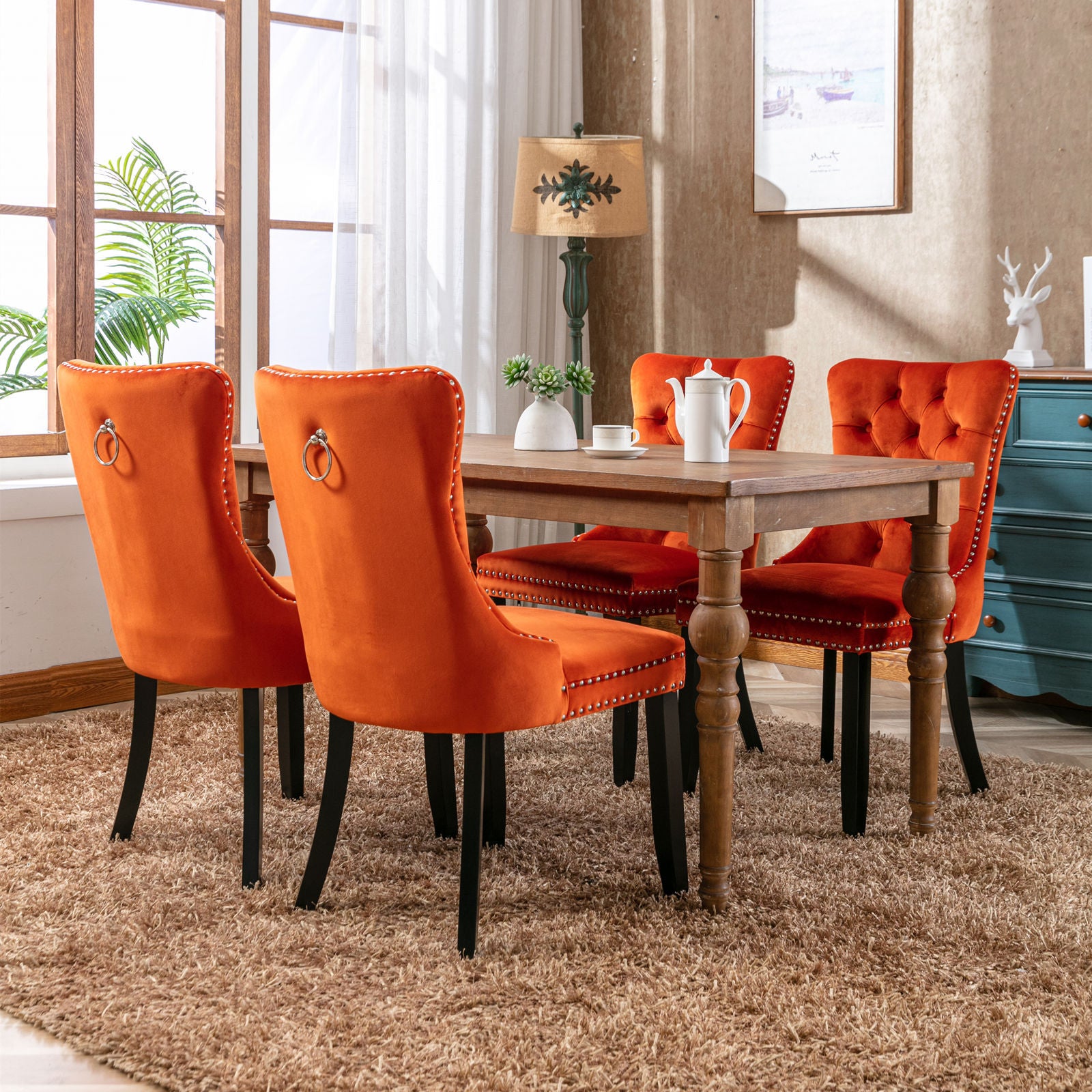 Nikki Collection Modern, High-end Tufted Solid Wood Contemporary Velvet Upholstered Dining Chair with Wood Legs Nailhead Trim 2-Pcs Set, Orange, SW2001OG - Grand Goldman Shop