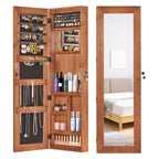 Solid Wood Jewelry Armoire Organizer Cabinet with Full-Length Mirror, Brown, Wall-Mounted Lockable with LED Light, 47.5x14.3 in - Grand Goldman Shop