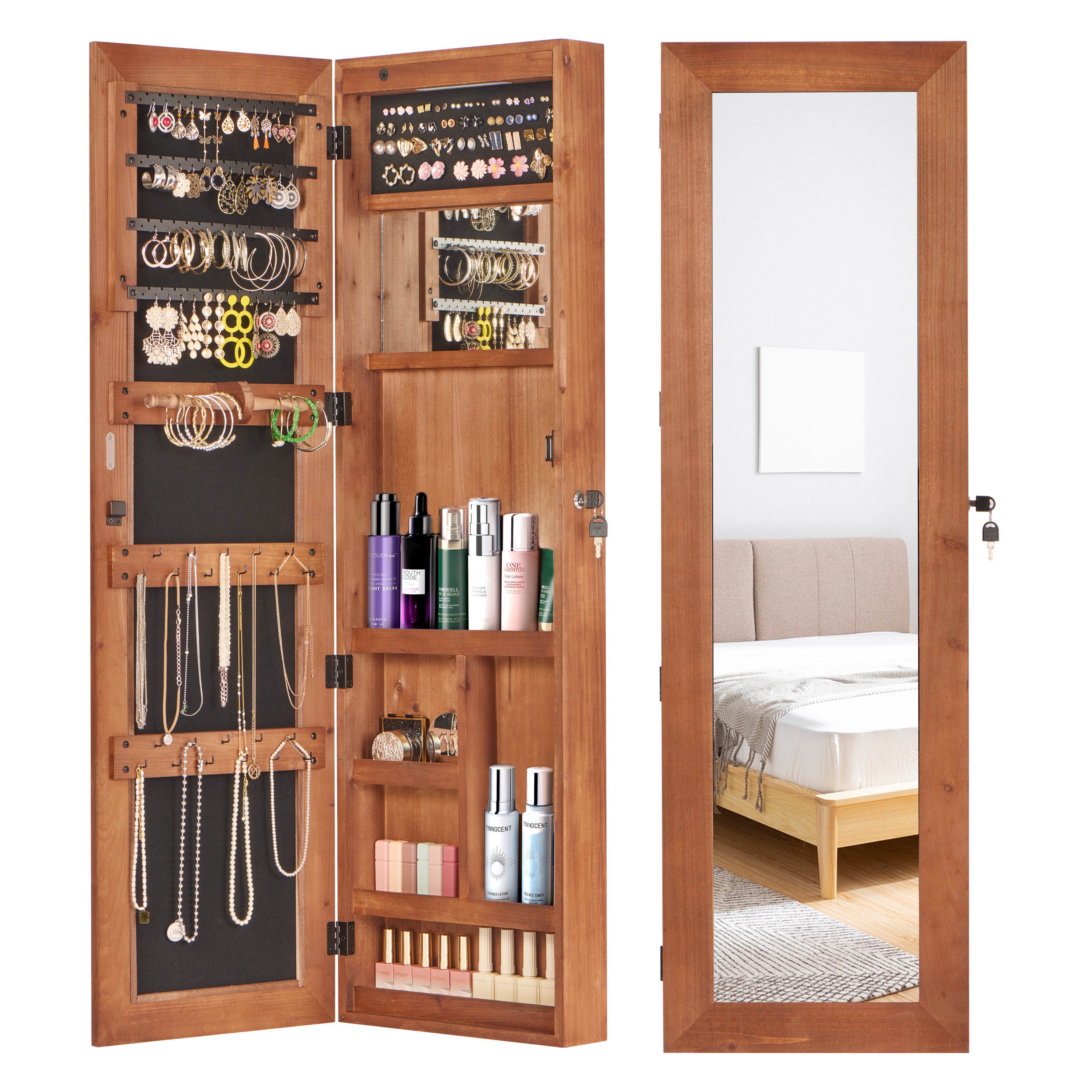 Solid Wood Jewelry Armoire Organizer Cabinet with Full-Length Mirror, Brown, Wall-Mounted Lockable with LED Light, 47.5x14.3 in - Grand Goldman Shop