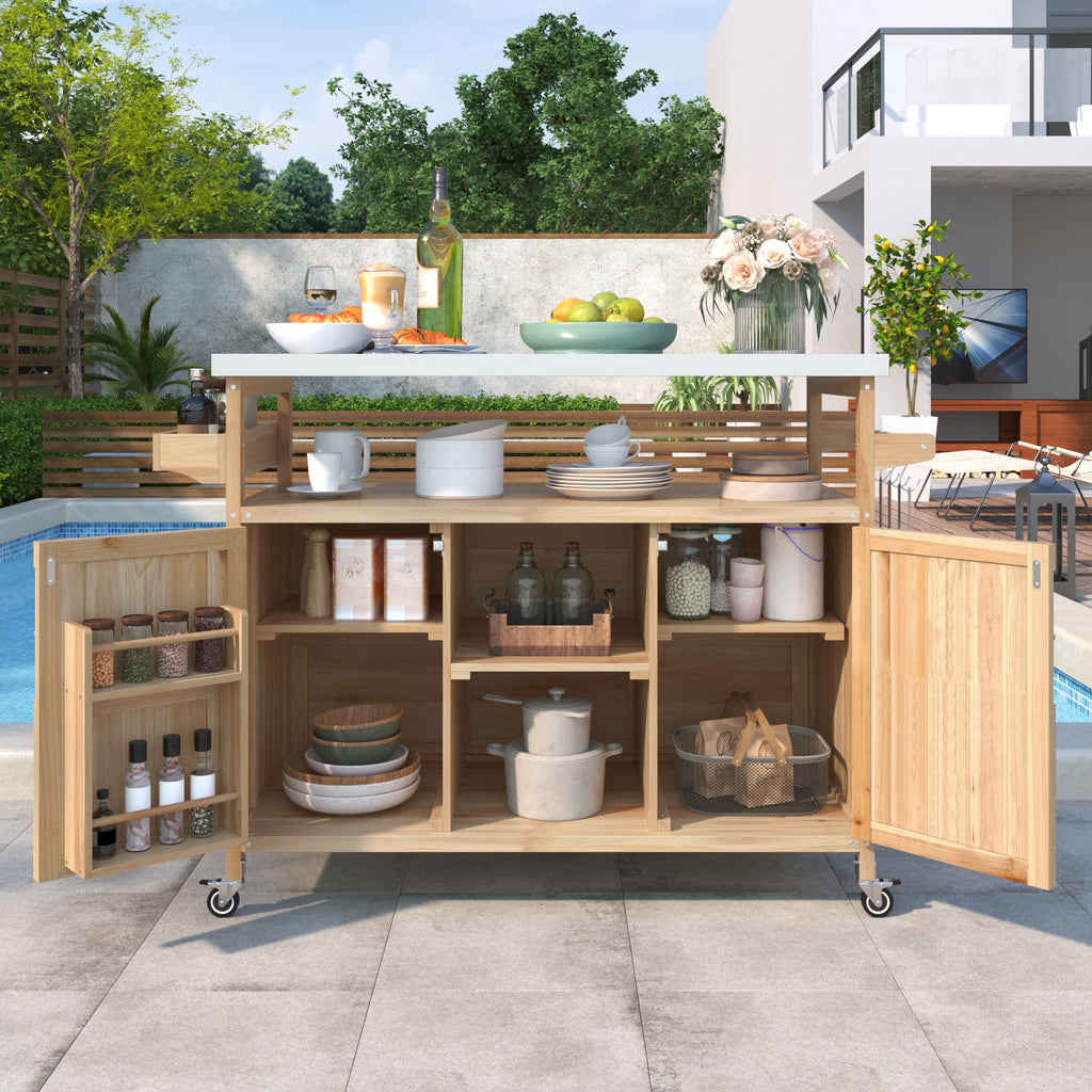 K&K Outdoor Kitchen Island, Rolling Bar Cart & Storage Cabinet, Farmhouse Solid Wood Outdoor Grill Table with Stainless Steel Top, Spice Rack , Towel Rack for Kitchen & BBQ , Natural - Grand Goldman Shop