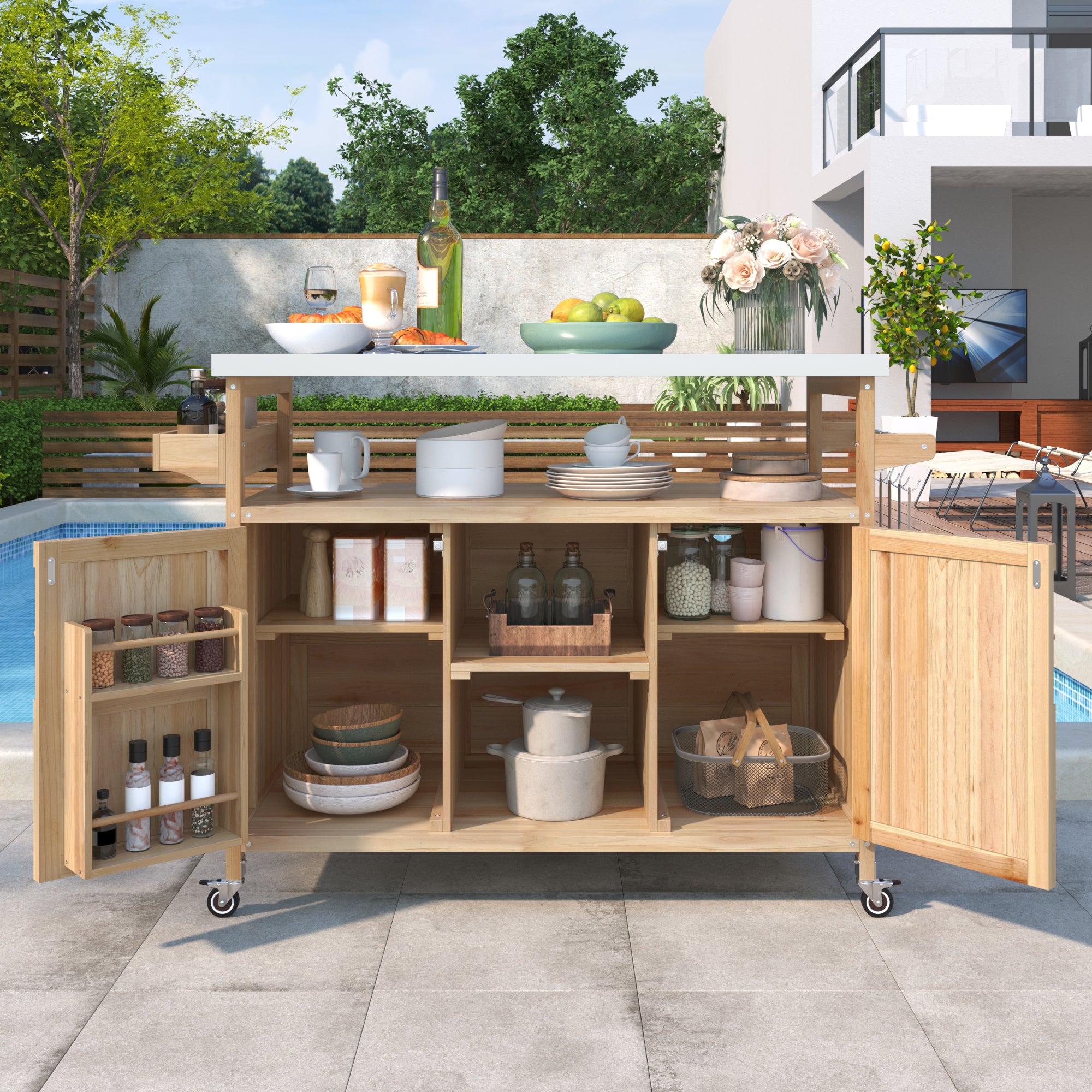 K&K Outdoor Kitchen Island, Rolling Bar Cart & Storage Cabinet, Farmhouse Solid Wood Outdoor Grill Table with Stainless Steel Top, Spice Rack , Towel Rack for Kitchen & BBQ , Natural - Grand Goldman Shop