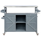 K&K Outdoor Kitchen Island, Rolling Bar Cart & Storage Cabinet, Farmhouse Solid Wood Outdoor Grill Table with Stainless Steel Top, Spice Rack , Towel Rack for Kitchen & BBQ , Grey Blue - Grand Goldman Shop