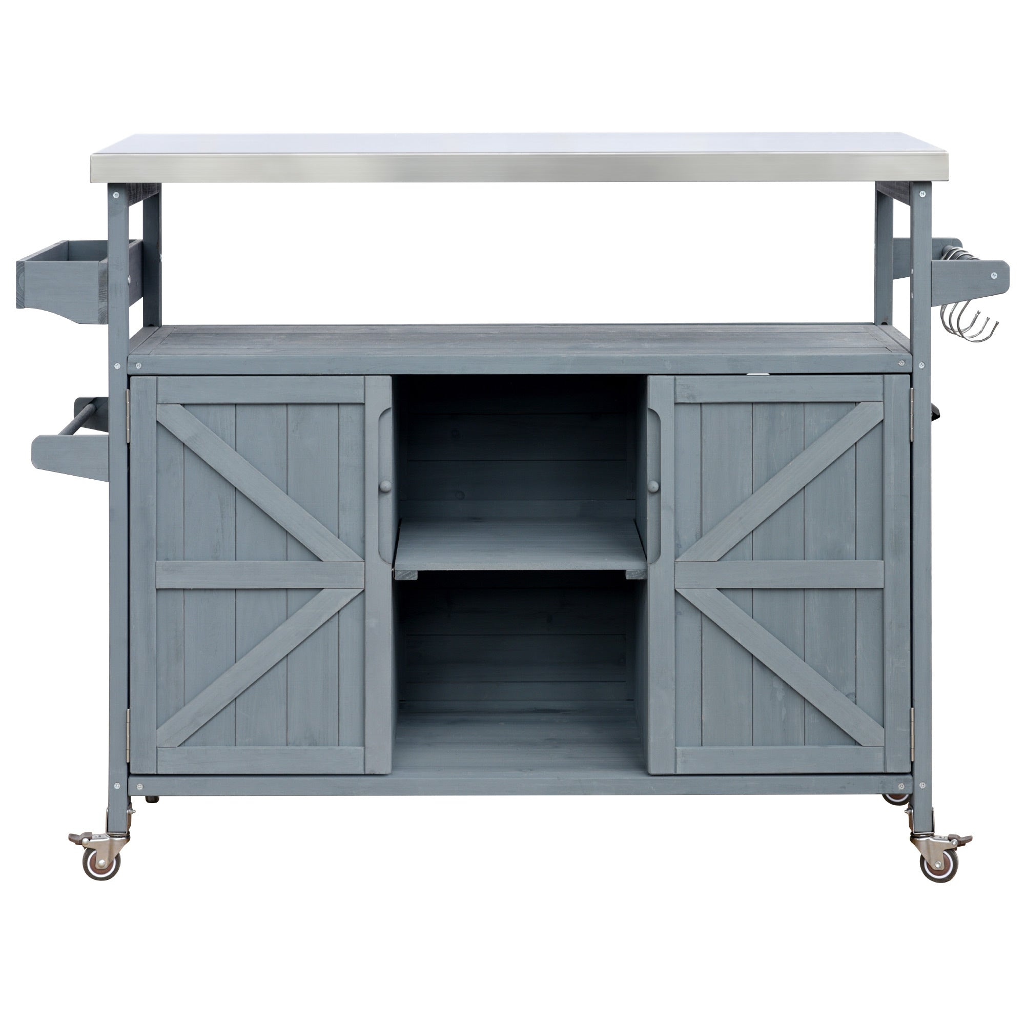 K&K Outdoor Kitchen Island, Rolling Bar Cart & Storage Cabinet, Farmhouse Solid Wood Outdoor Grill Table with Stainless Steel Top, Spice Rack , Towel Rack for Kitchen & BBQ , Grey Blue - Grand Goldman Shop
