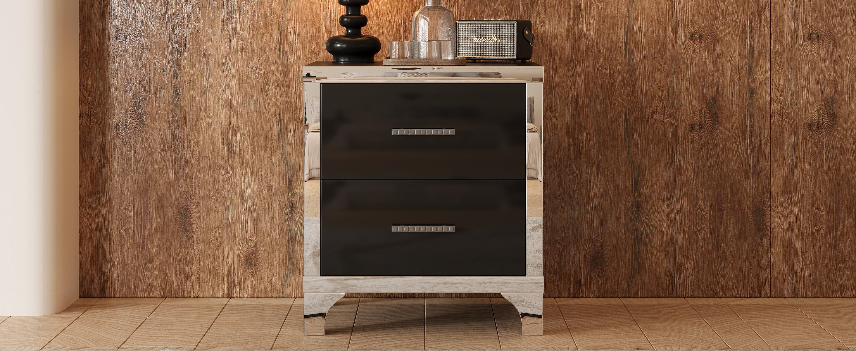 Elegant High Gloss Nightstand with Metal Handle,Mirrored Bedside Table with 2 Drawers for Bedroom,Living Room,Black - Grand Goldman Shop