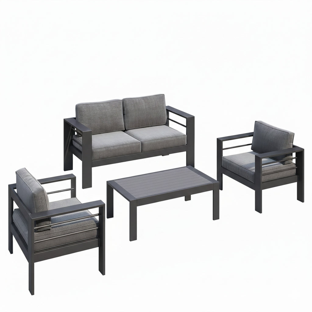 Modernes 4-teiliges Aluminium-Terrassenmöbel-Set mit dunkelgrauen Olefin-Kissen, grauem Rahmen und WPC-Couchtisch