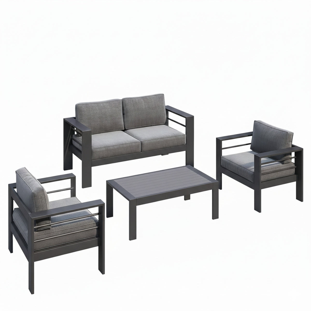 Modernes 4-teiliges Aluminium-Terrassenmöbel-Set mit dunkelgrauen Olefin-Kissen, grauem Rahmen und WPC-Couchtisch