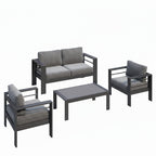 Modernes 4-teiliges Aluminium-Terrassenmöbel-Set mit dunkelgrauen Olefin-Kissen, grauem Rahmen und WPC-Couchtisch