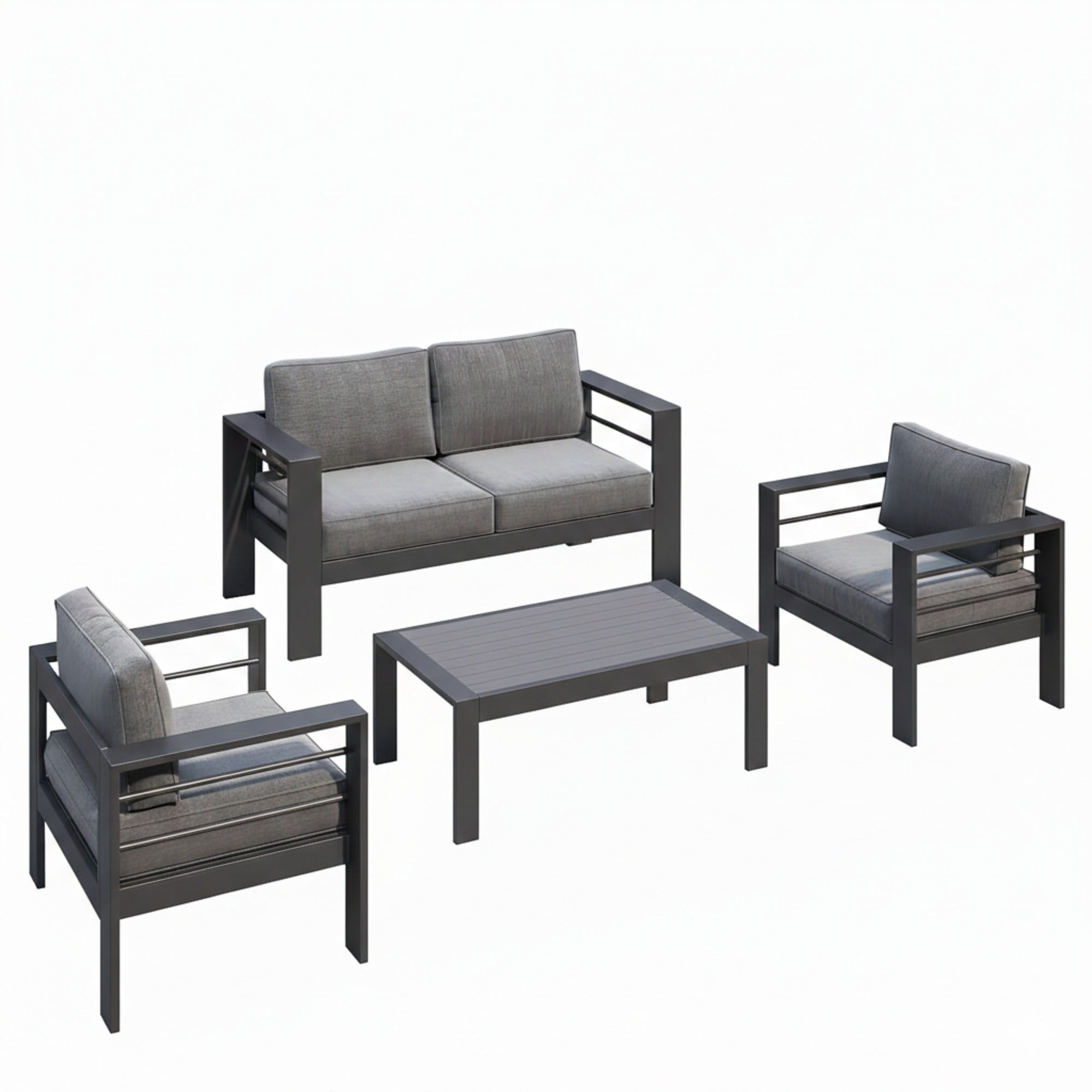 Modernes 4-teiliges Aluminium-Terrassenmöbel-Set mit dunkelgrauen Olefin-Kissen, grauem Rahmen und WPC-Couchtisch