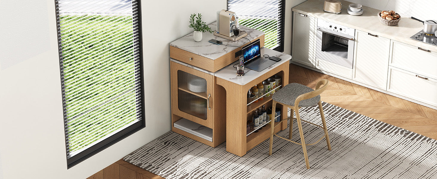K&K 59.5'Kitchen Island with Extendable Dining Table, Kitchen Storage Table with Double-sided Storage, Kitchen Island with 2 Drawers, Power Outlet, Side Open Shelves, for Kitchen, Dining Room, Natural - Grand Goldman Shop