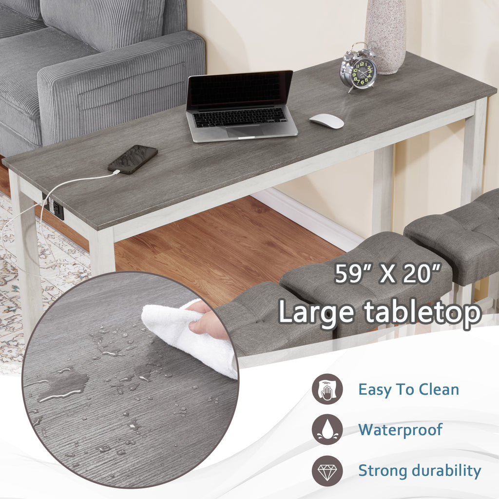 4 Piece Bar Table Set with Power Outlet, Bar Table Set with Chairs, Sofa Bar Table with Stools, Behind Couch Table with 3 Padded Stools, for Living Room, Dining room, White & Grey - Grand Goldman Shop