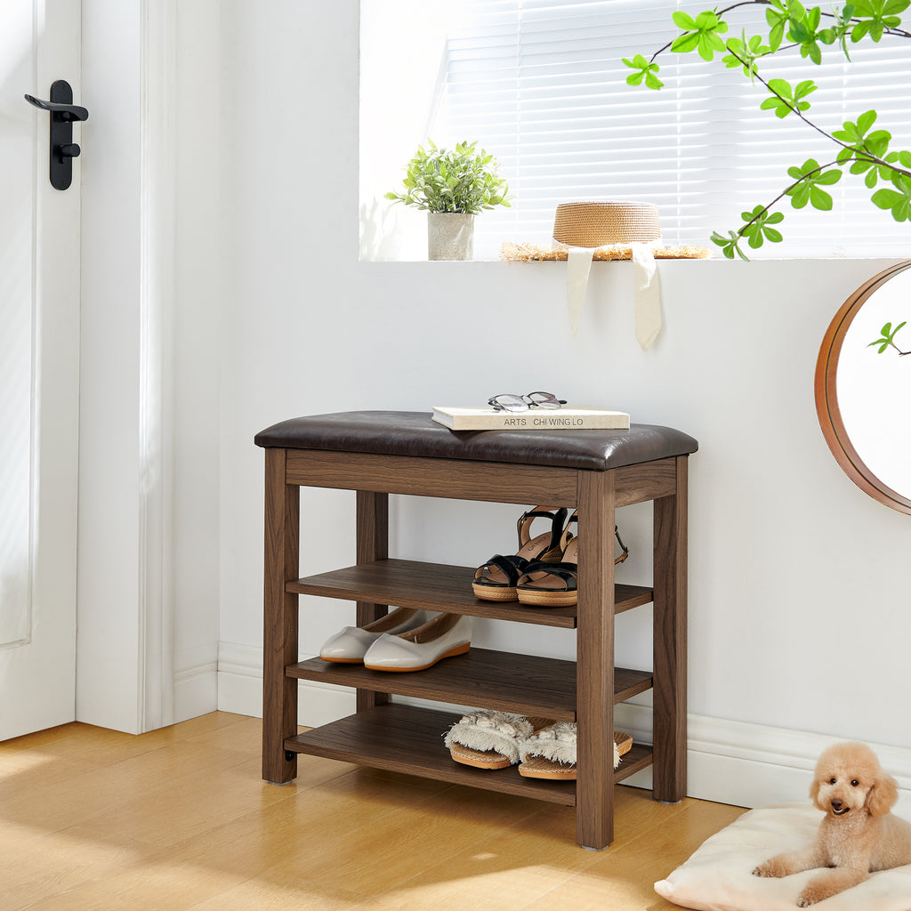 A height-adjustable shoe-changing bench made of high-quality wood, equipped with a comfortable seat and concealed storage space,Natural rubber wood,Brown - Grand Goldman Shop