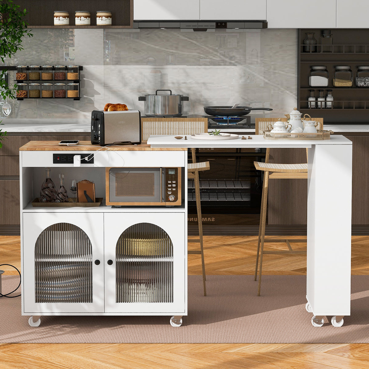 K&K Rolling Kitchen Island With Extended Table, Kitchen island on Wheels with LED Lights,Power Outlets and 2 Fluted Glass Doors, Kitchen Island with a Storage Compartment and Side 3 Open Shelves,White - Grand Goldman Shop