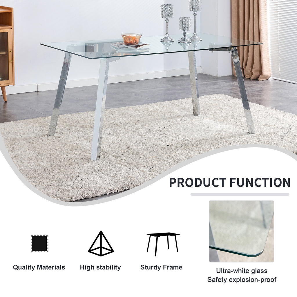A modern minimalist rectangular glass dining table with tempered glass tabletop and silver metal legs, suitable for kitchens, restaurants, and living rooms,63'*35.4'*30' - Grand Goldman Shop