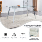 A modern minimalist rectangular glass dining table with tempered glass tabletop and silver metal legs, suitable for kitchens, restaurants, and living rooms,63'*35.4'*30' - Grand Goldman Shop