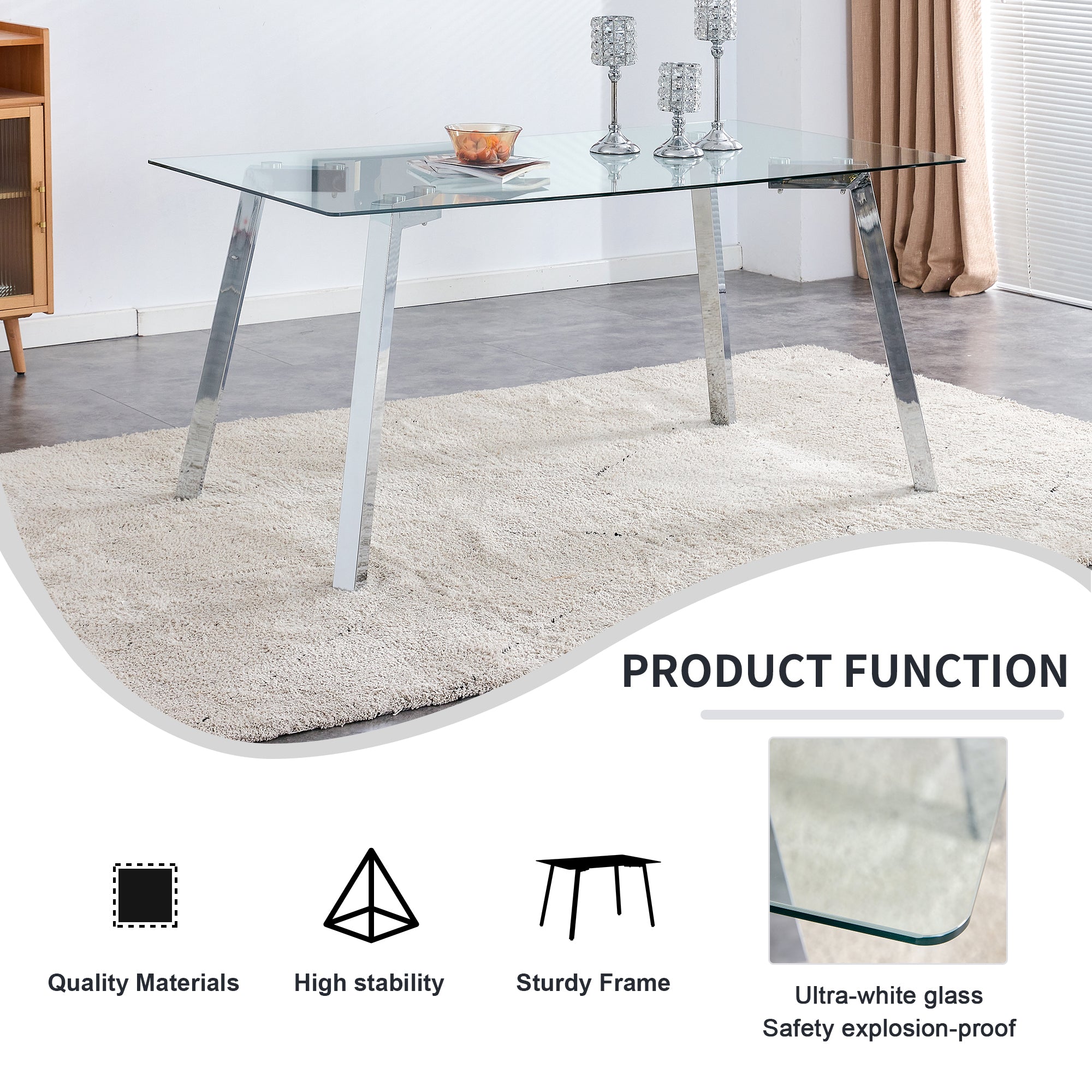 A modern minimalist rectangular glass dining table with tempered glass tabletop and silver metal legs, suitable for kitchens, restaurants, and living rooms,63'*35.4'*30' - Grand Goldman Shop