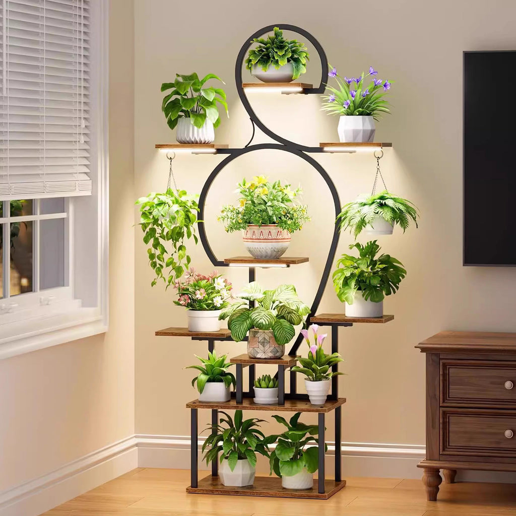 Plant Stand Indoor with Grow Light, 9-Tiered 63' Tall Indoor Plant Shelves for Multiple Plants, Large Metal Plant Shelf, Lighted Plant Stand for Indoor, Balcony, Living Room - Grand Goldman Shop