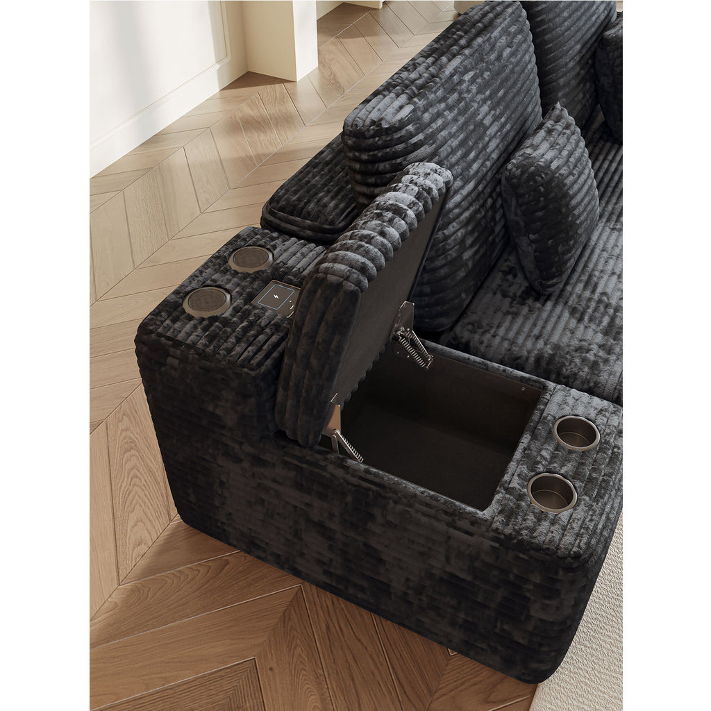 150''Width 5-piece Sectional Sofa with 2 Ottomans,Comfy U-shaped Sofa Couch for Living Room,BLACK Plush Corduroy Fabric - Grand Goldman Shop