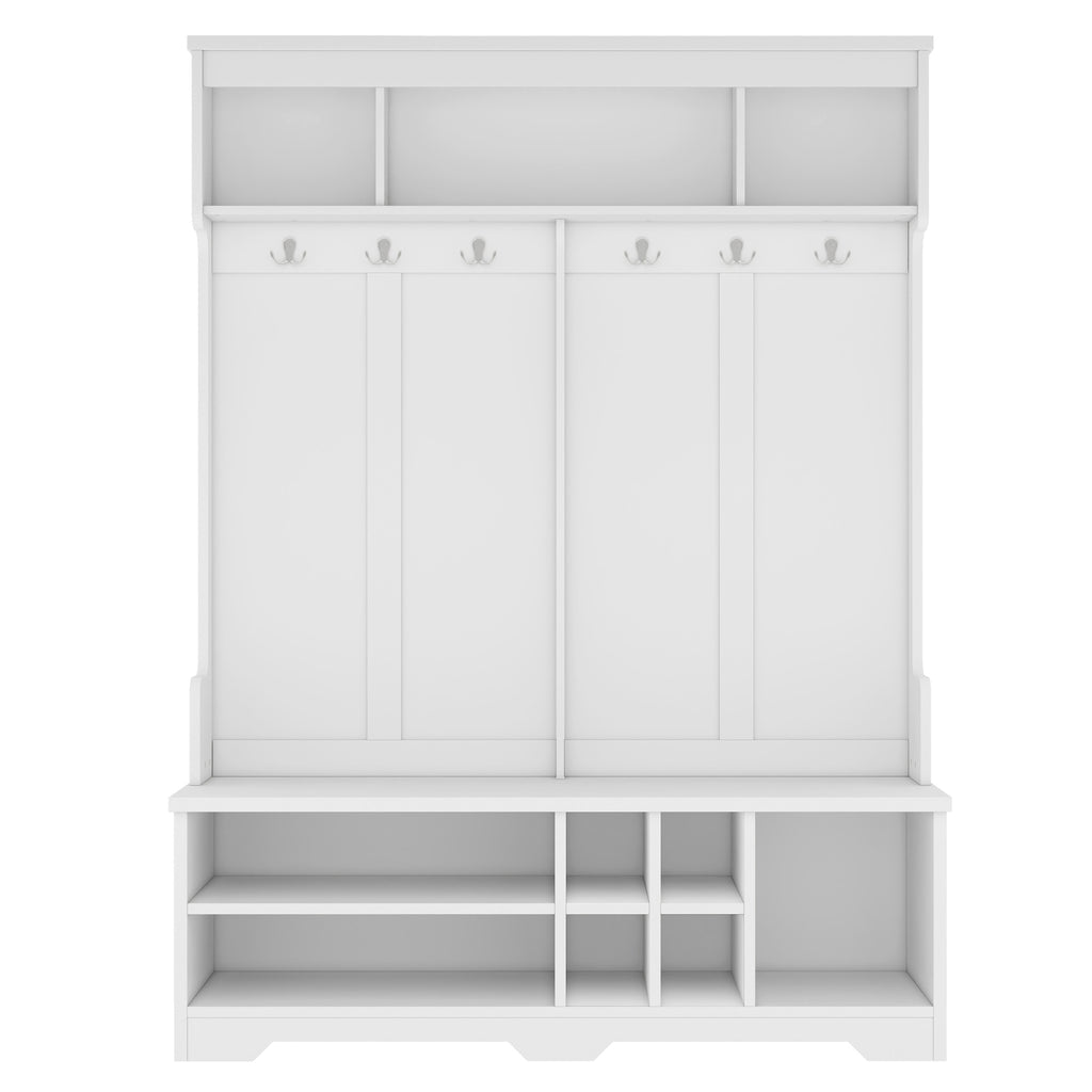 Modern Hallway Hall Tree with Metal Hooks and Storage Space, Multi-Functional Entryway Coat Rack with Shoe Cubbies, White - Grand Goldman Shop