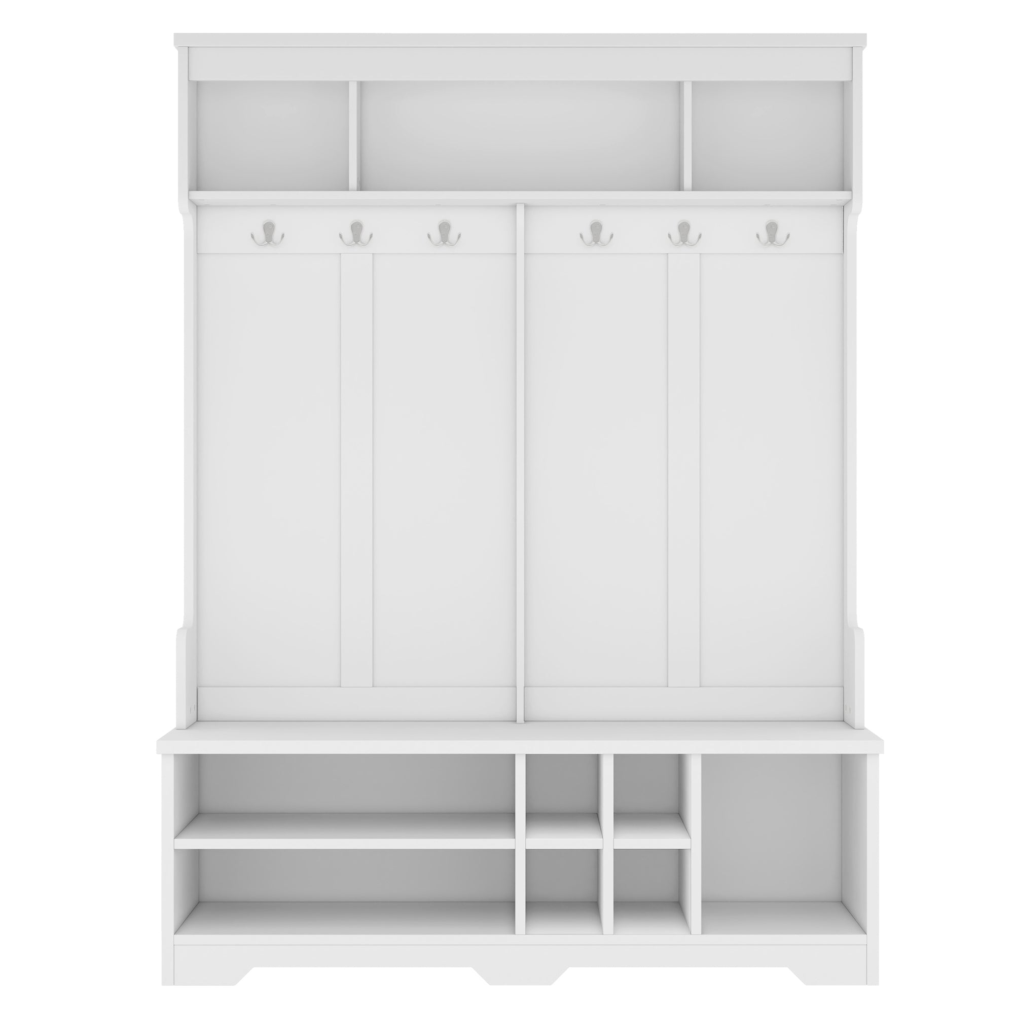 Modern Hallway Hall Tree with Metal Hooks and Storage Space, Multi-Functional Entryway Coat Rack with Shoe Cubbies, White - Grand Goldman Shop