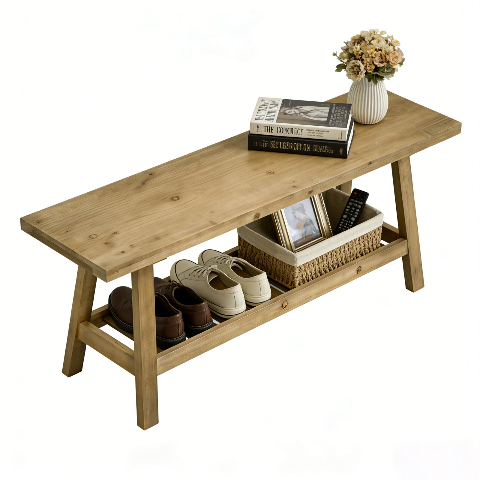43' Farmhouse Wood Bench, 2-Tier Entryway Bench, Narrow Rustic Storage Bench with Open Storage Shelf for Entryway, Hallway, Living Room, Bedroom, Kitchen, Dining (Distressed Wood Color) - Grand Goldman Shop