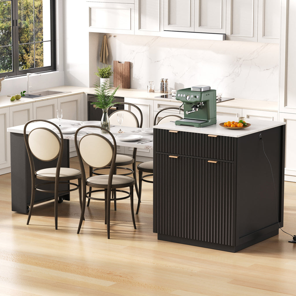 K&K 82.6' Fluted Kitchen Island with Extendable Dining Table for 4-6, Island Table for Kitchen with Power Outlet, Kitchen Table with Double-Side Storage, 2 Drawers 2 Side Open Shelves, Black - Grand Goldman Shop
