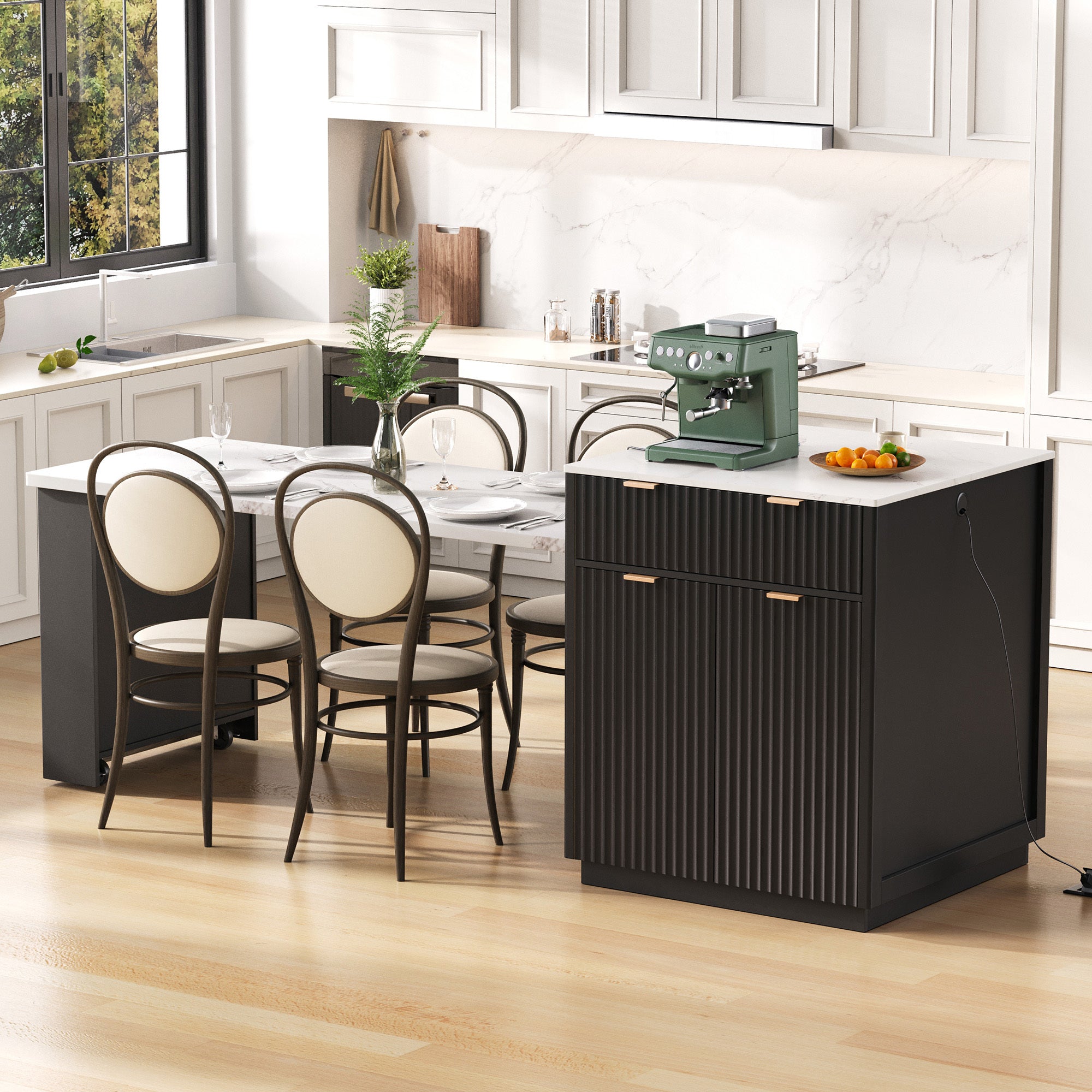 K&K 82.6' Fluted Kitchen Island with Extendable Dining Table for 4-6, Island Table for Kitchen with Power Outlet, Kitchen Table with Double-Side Storage, 2 Drawers 2 Side Open Shelves, Black - Grand Goldman Shop
