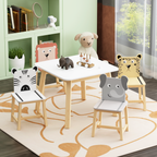 Kids Wood Table and Chair Set with Cartoon Animals Design, White Solid Wood & MDF Furniture for Ages 3-8, 5-Piece Table and C