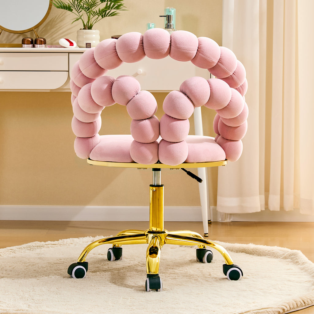 Pink Velvet Bubble Vanity Chair with Gold Base, 360° Swivel Height Adjustable Ergonomic Accent Chair, Cute Rolling Desk Chair
