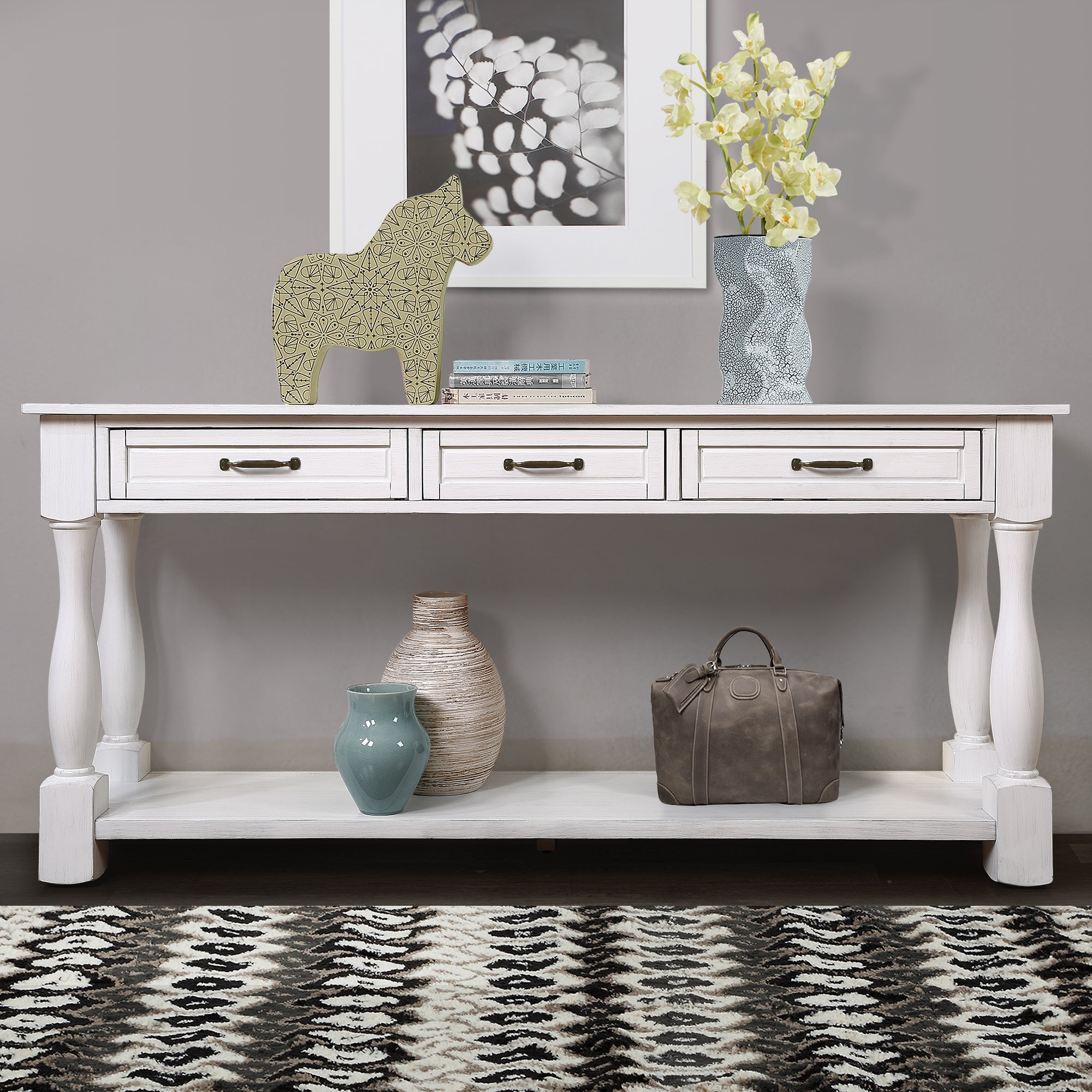 63inch Long Wood Console Table with 3 Drawers and 1 Bottom Shelf for Entryway Hallway Easy Assembly Extra-thick Sofa Table (Antique White) - Grand Goldman Shop