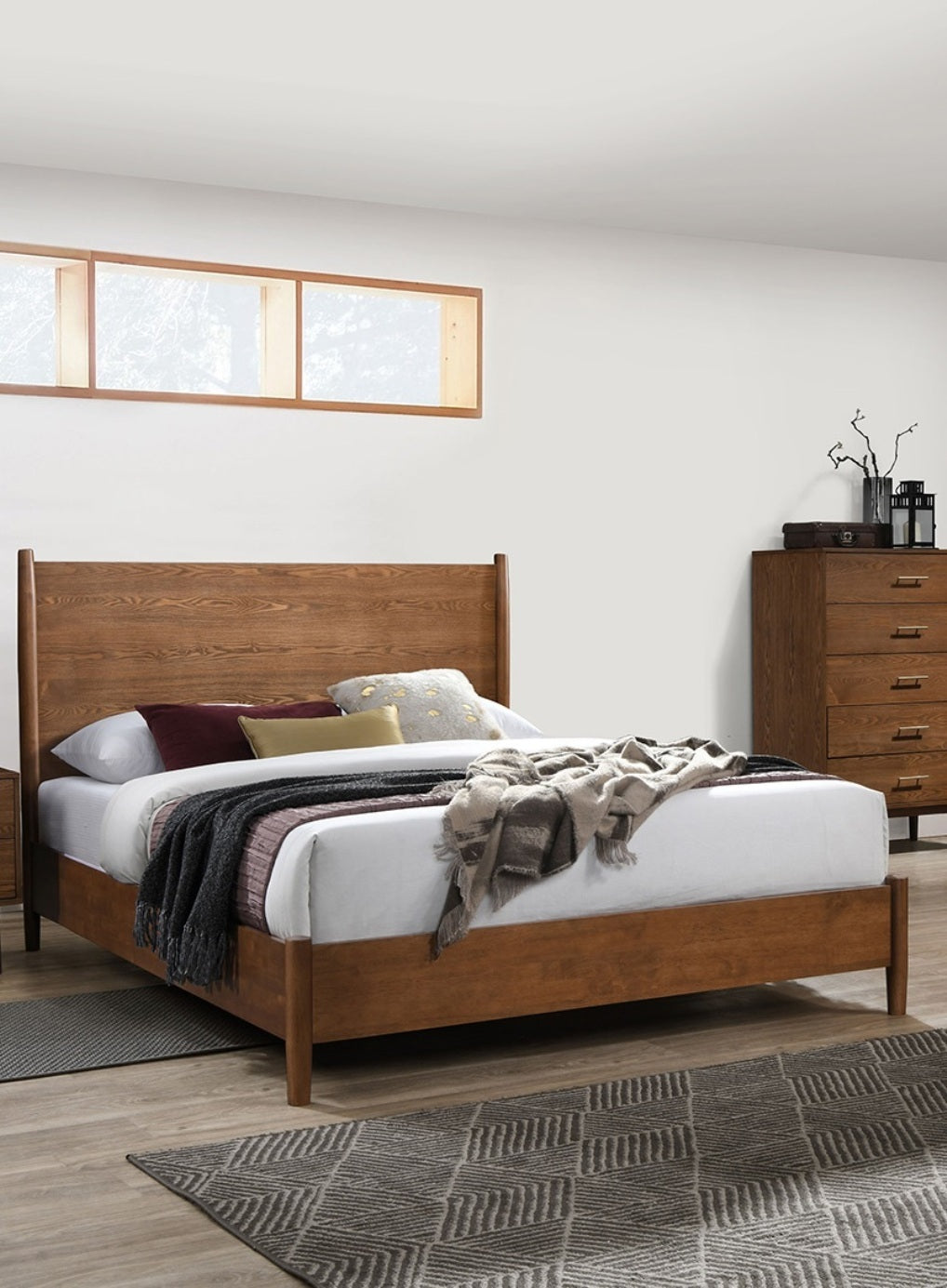 Walnut Color Panel Headboard 3pc Bedroom Set Eastern King Size Bed 2x Nightstands Wooden Mid-Century Modern Style - Grand Goldman Shop