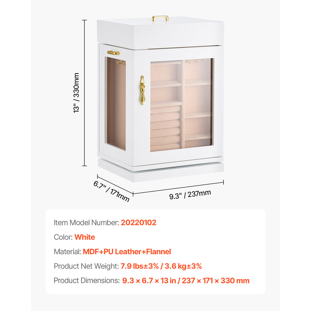 Jewelry Box 360° Rotating Jewelry Organizer with Built-in 4 Necklace Hooks White - Grand Goldman Shop