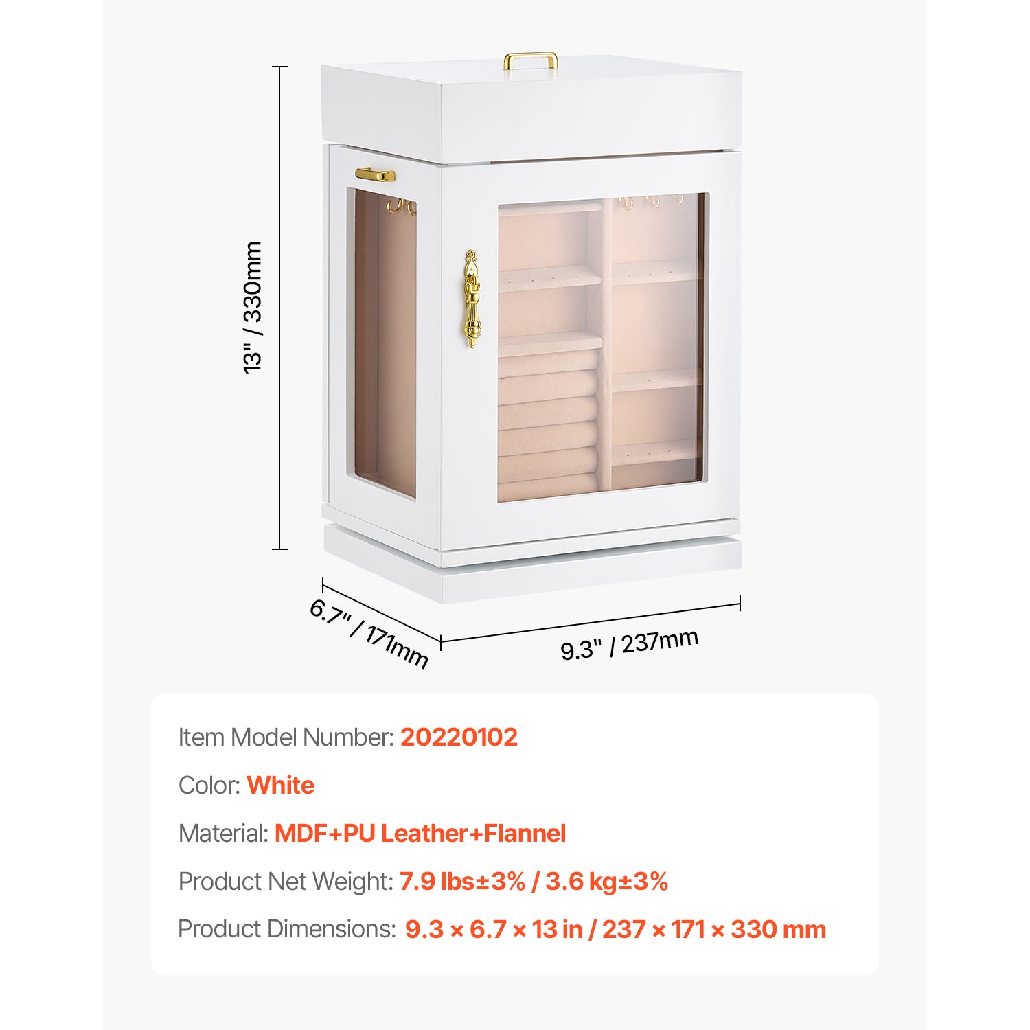 Jewelry Box 360° Rotating Jewelry Organizer with Built-in 4 Necklace Hooks White - Grand Goldman Shop