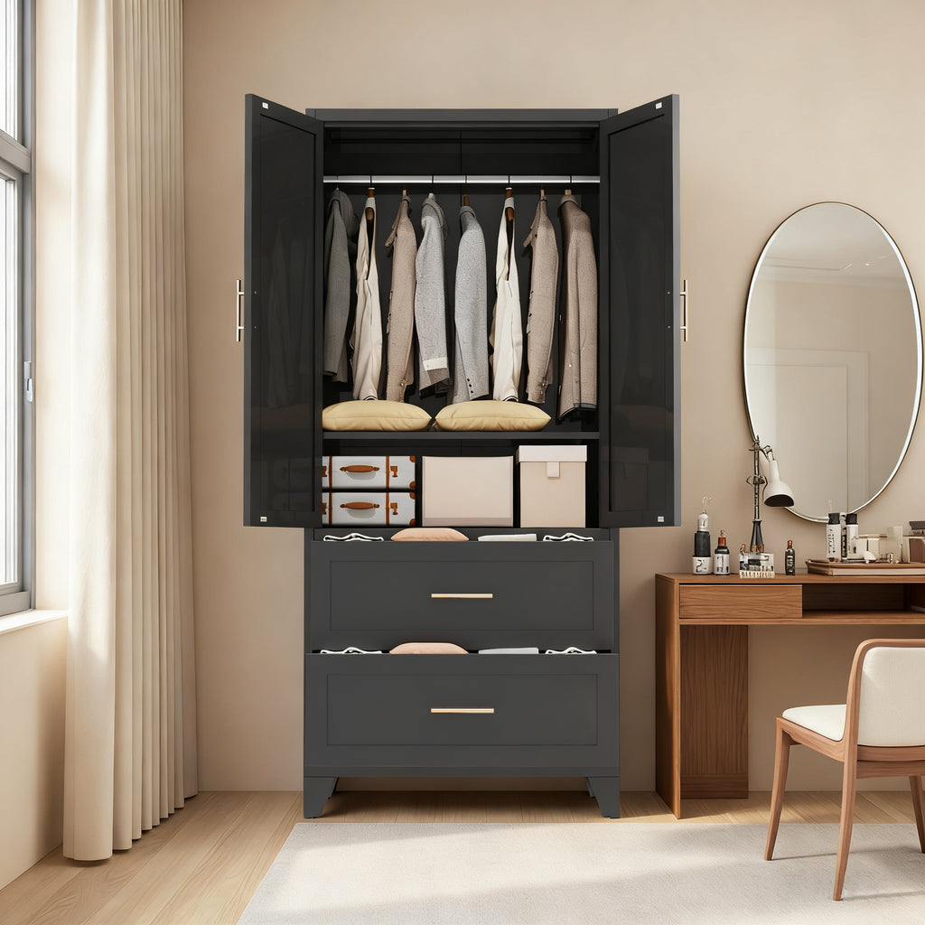 71' Tall Metal Wardrobe Cabinet with 2 Drawers and Hanging Rod, 2 Doors Wardrobe Closet with Shelf for Bedroom, Office, Laundry Room,Entryway ,Foyer,Guesthouse (Black) - Grand Goldman Shop