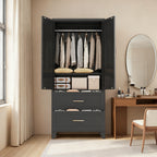71' Tall Metal Wardrobe Cabinet with 2 Drawers and Hanging Rod, 2 Doors Wardrobe Closet with Shelf for Bedroom, Office, Laundry Room,Entryway ,Foyer,Guesthouse (Black) - Grand Goldman Shop