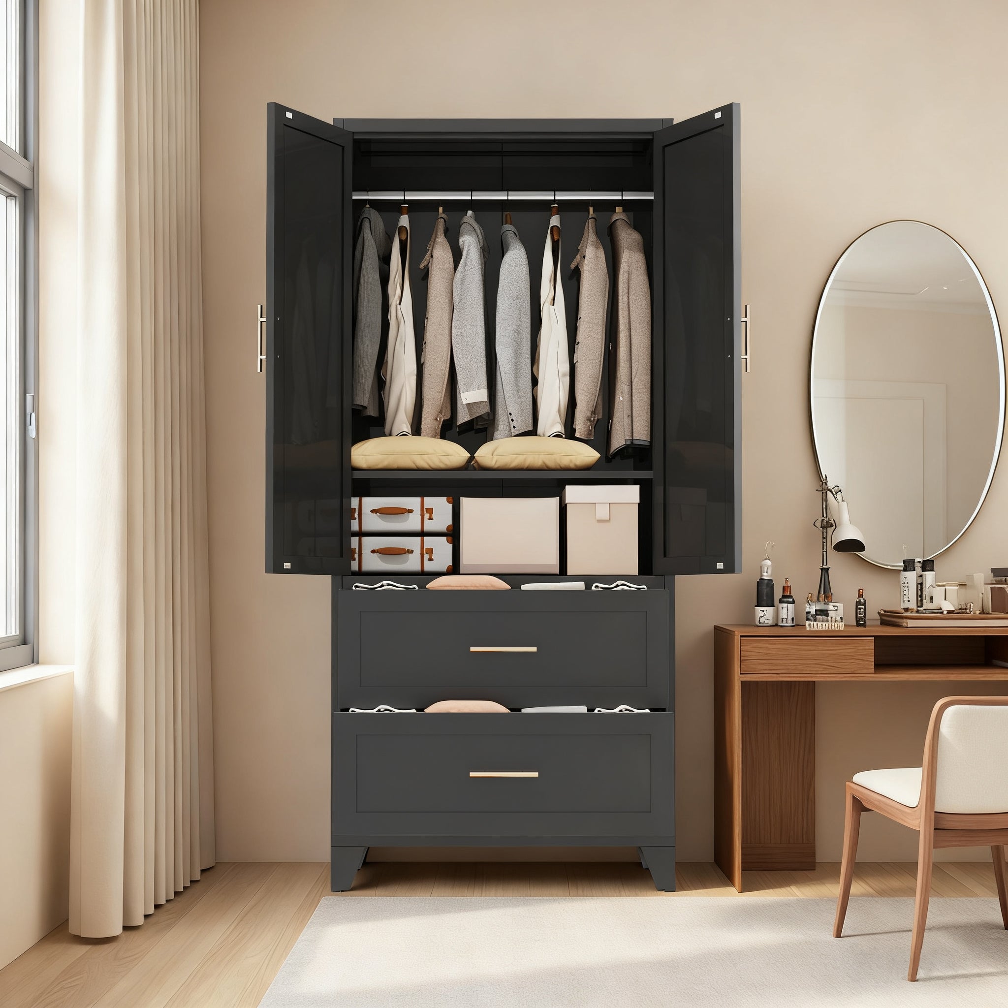 71' Tall Metal Wardrobe Cabinet with 2 Drawers and Hanging Rod, 2 Doors Wardrobe Closet with Shelf for Bedroom, Office, Laundry Room,Entryway ,Foyer,Guesthouse (Black) - Grand Goldman Shop