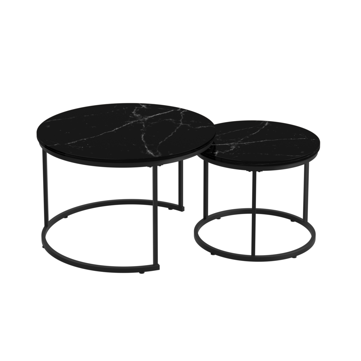 Nesting Coffee Table Set of 2, 27.6in Round Wood Marble Pattern Top with Sturdy Metal Frame, Black Living Room Side Tables for Bedroom Balcony Yard - Grand Goldman Shop