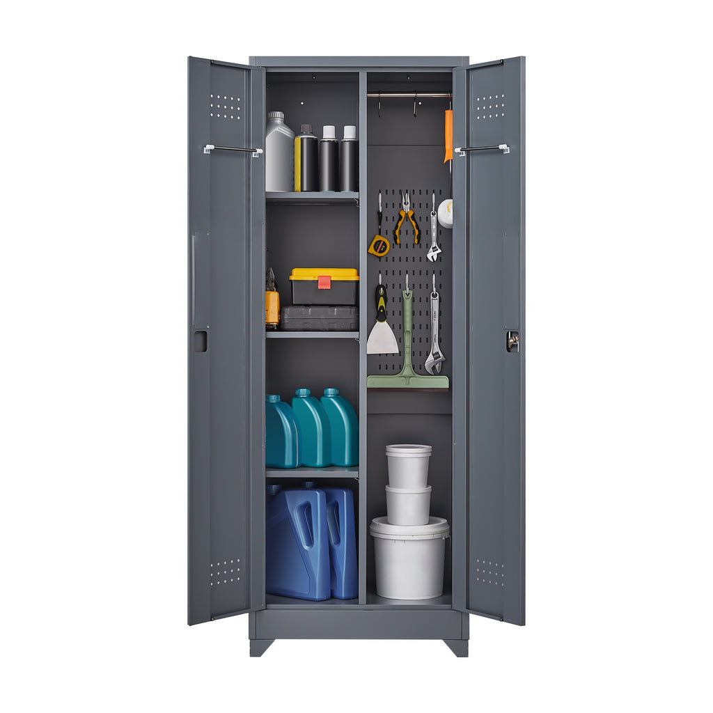Grey Heavy Duty Metal Storage Cabinet with Locking Doors, Hanging Rod & Shelves, 65' H Broom Closet for Garage or Basement - 