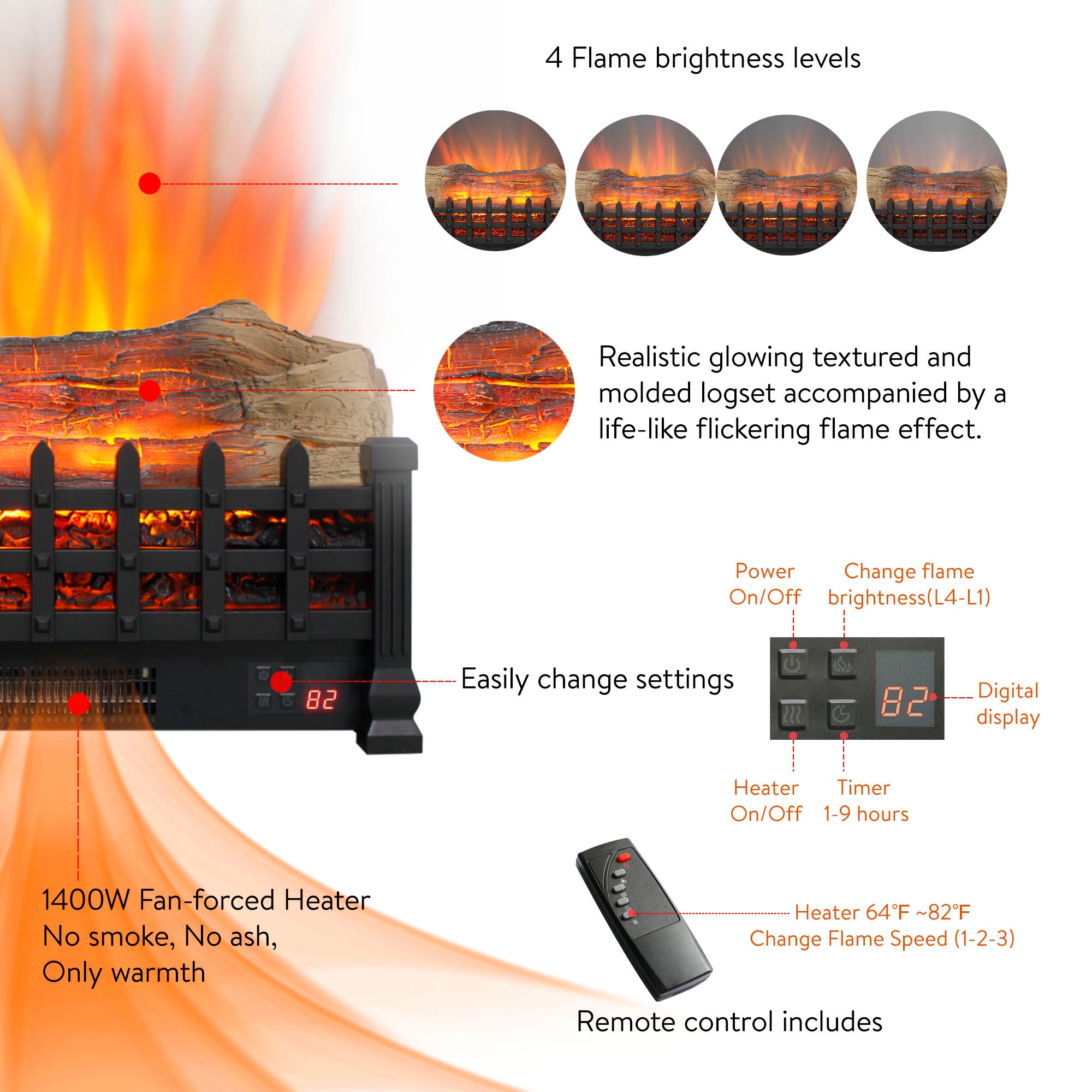 20 inch Electric Fireplace  3D Log set insert, Free Standing Fireplace Heater for Indoor - Grand Goldman Shop