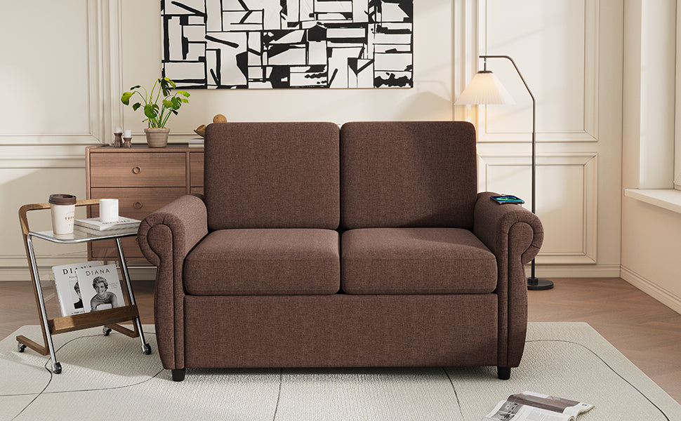 Orisfur Pull Out Sofa Bed Loveseat Sleeper with Twin Size Memory Mattress, USB Ports, Brown Linen, 57.9' - Grand Goldman Shop