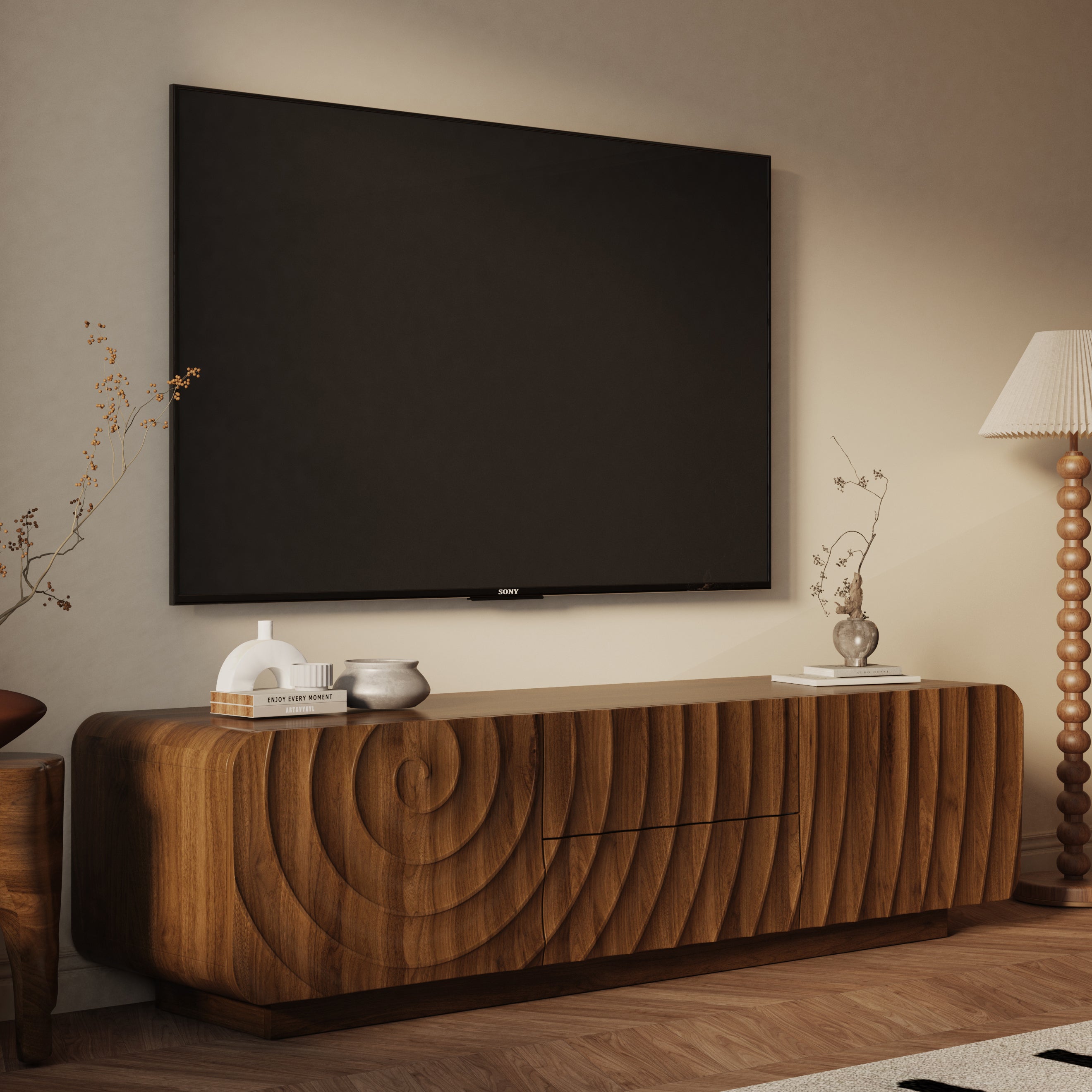 58''Tv Console With Mid Century Unique Spiral Wave Design With Storage Cabinet And 2 Drawers Tv Stand For Living Room, Bedroom, Walnut - Grand Goldman Shop