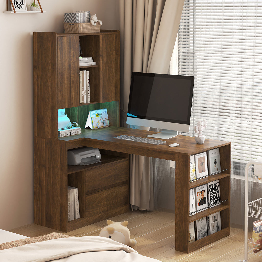 L Shaped Desk,Computer Desk with Drawers,Bookshelf,with LED Light,Modern Corner Desk,Home Office Desk,L-Shaped Study Table Wr