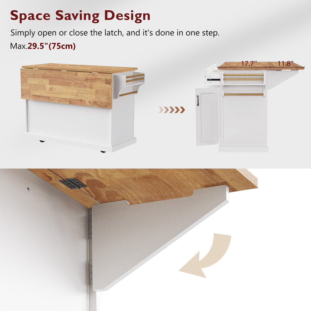 K&K 54inch Large Kitchen Island with Rubber Wood Drop Leaf, Embossed Texture Rolling Kitchen Cart on 4 Wheels with 4 Doors and 3 Drawers, Kitchen Island with Storage for Kitchen, Dining Room,White - Grand Goldman Shop