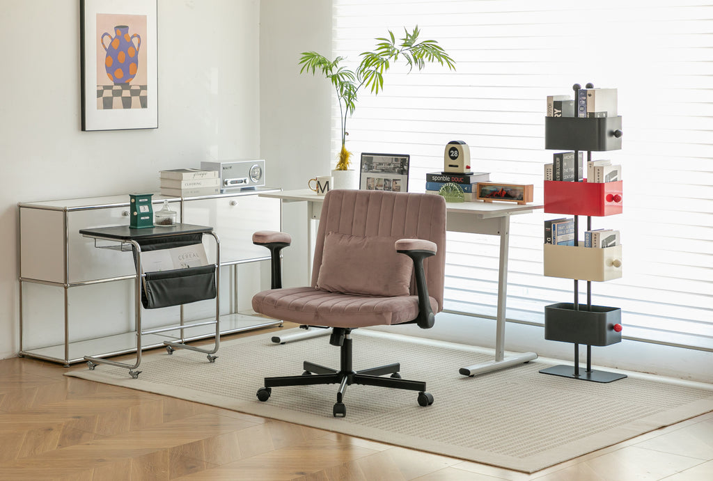 Pink Velvet Criss Cross Armrest Office Chair with Wheels - Comfortable for Home Office, Reading & Vanity | Premium Home Decor