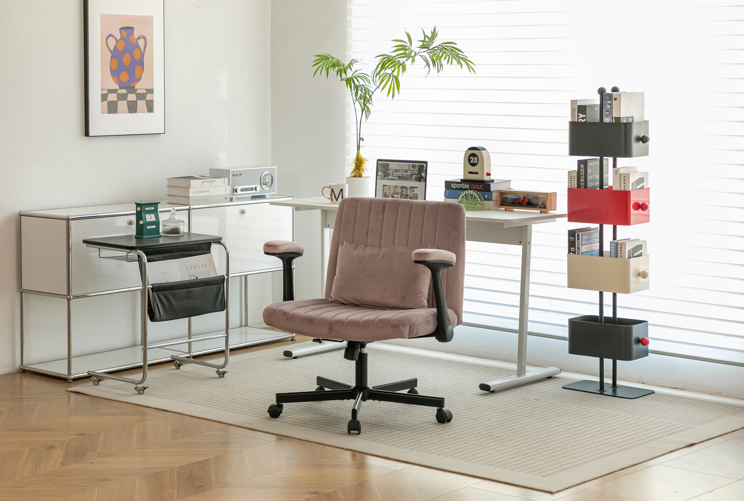 Pink Velvet Criss Cross Armrest Office Chair with Wheels - Comfortable for Home Office, Reading & Vanity | Premium Home Decor