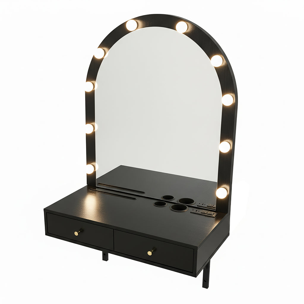Floating Wall Mounted Makeup Vanity Desk with LED Mirror 3 Color Lights, Compact Dressing Table with Power Outlet & USB Charging, Space Saving Large Storage Vanity for Bedroom Bathroom, Black - Grand Goldman Shop